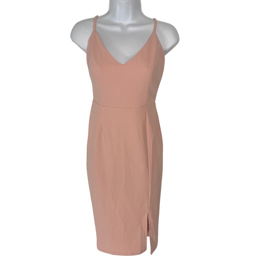Hello‎ Molly Women Midi Dress V-Neck Tie Back Slit 6 Pink Cocktail Wedding Guest